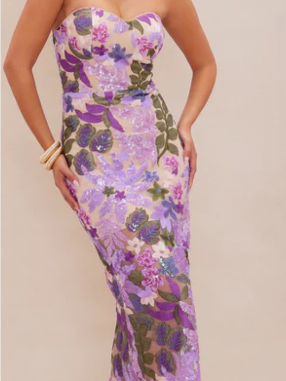 Dahlia inspired Strapless Purple Floral Sequin Evening Dress